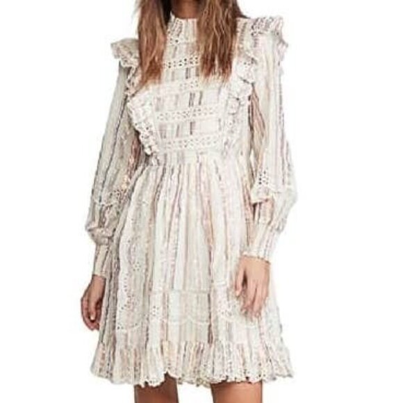 Sea New York Cream Metallic Striped Eyelet Ruffle Long Puff Sleeve Short Dress - Picture 1 of 17